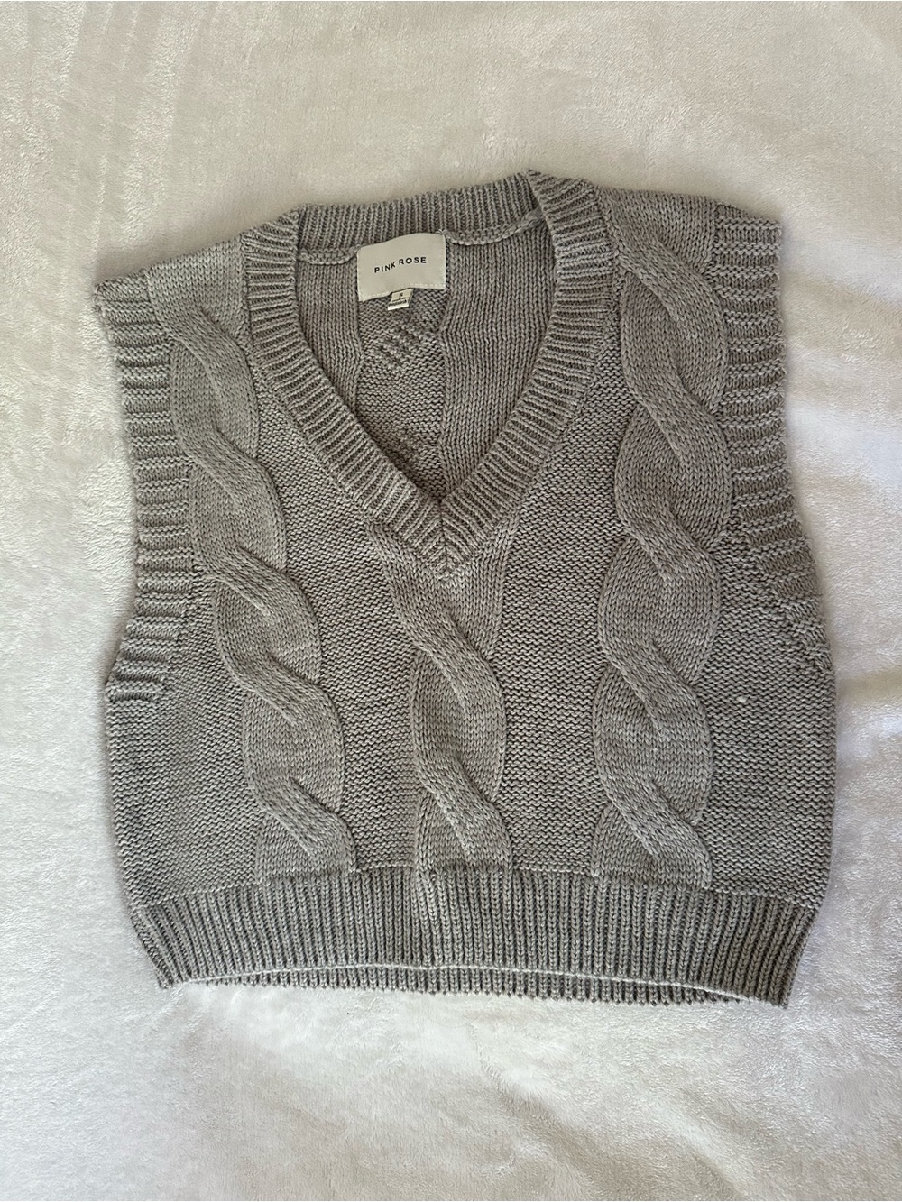 Pink Rose Gray Cable Knit V-Neck Sweater Vest